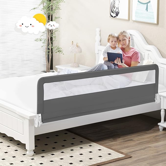 Costzon Bed Rail for Toddlers, 2 PCS Extra Long Swing Down Safety Bed Guards w/Straps for Convertible Crib, Kids Twin, Double, Full Size, Queen & King Bed, Folding Bed Rails for Baby (71-Inch, Gray)