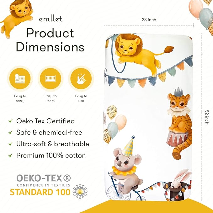 100% Cotton Fitted Crib Sheet – “Carnival Fun” Circus Theme Nursery Bedding, Colorful Baby Crib/Toddler Sheet (Standard Size)