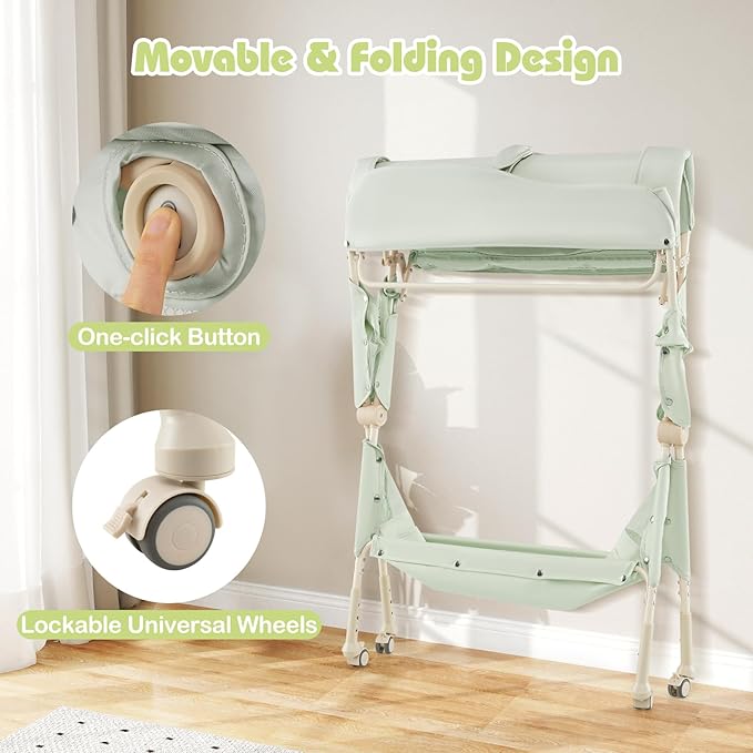 INFANS Baby Changing Table with Wheels, Portable Folding Diaper Station Nursery Organizer with Storage Basket, Hanging Rack, Adjustable Height, Safety Belt for Newborn Infant (Green)