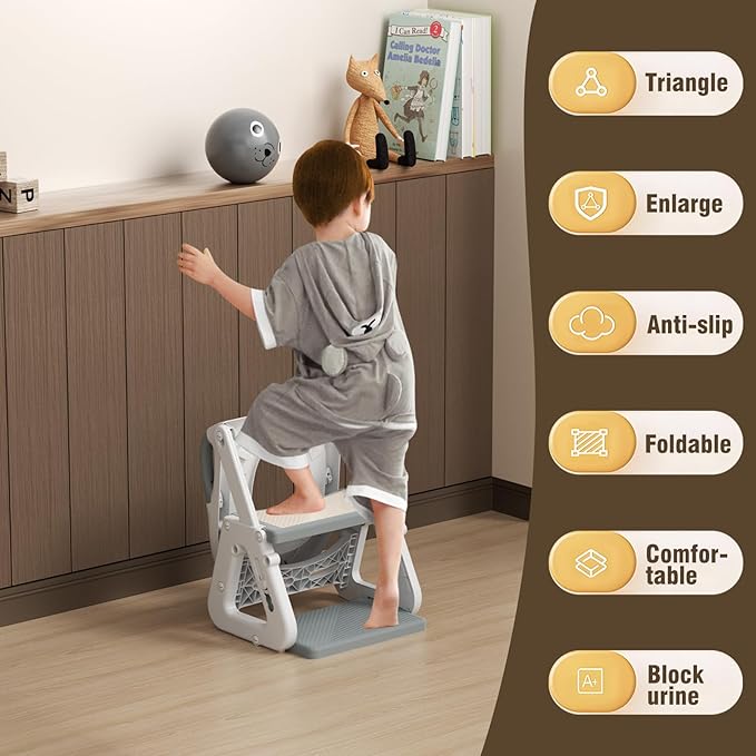 Potty Training Toilet Seat with Step Stool Ladder, Detachable Triangular Stabilized Base 2-IN-1 Toddler Toilet Seat with Splash Guard, Anti-Slip Pad, and Step Stool (Elegant Grey)