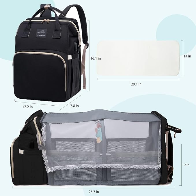 Diaper Bag with Changing Station, Baby Diaper Bag with USB Charging Port, Multi-functional Waterproof Travel Essentials Diaper Bag Backpack for Boys & Girls, Black