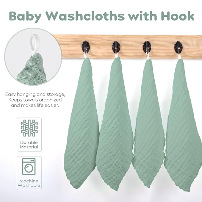 Yoofoss Muslin Baby Washcloths 100% Organic Cotton Face Towels 10 Pack Wash Cloths for Baby 12x12in Soft and Absorbent Baby Wipes (Dark Green)