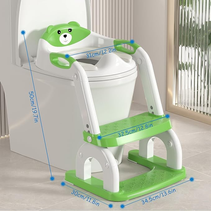 Potty Training Seat with Step Stool for Toddlers - Upgrade 2-in-1 Toilet Seat Toilet Ladder for Kids Children Boys Girls, Anti-Slip Pad & Adjustable Height with Waterproof - Green