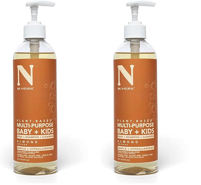 Dr. Natural Multi-Purpose Baby Plus Kids Soap - Body Wash and Shampoo - Gentle Soap with Shea Butter - Newborn Safe - Almond - 16 oz (Pack of 2)