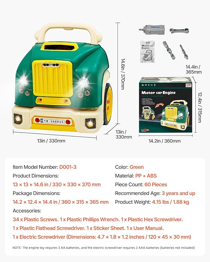 VEVOR Engine Toy, 60 Pieces, Kids Mechanic Car Repair Set with Removable Parts, Lights and Sounds, Steering Wheel and Horn, Kids Mechanic Workshop Set for Toddler Ages 3 Years and Up, Green