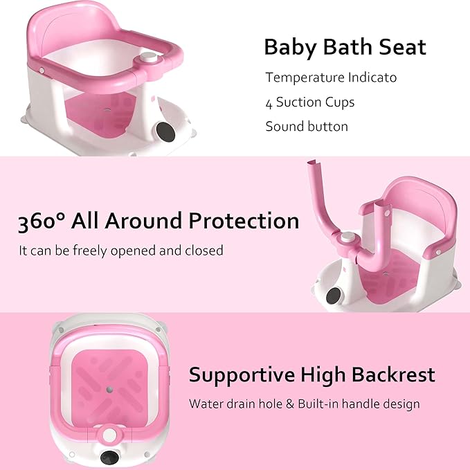 Baby Bath Seat for Infants 6 Months & Up - Adjustable Sitting up Bathtub Chair with Surround Design & Temperature Sensor, Non-Slip 4-Suction Base for Infant Bath Safety (Pink)