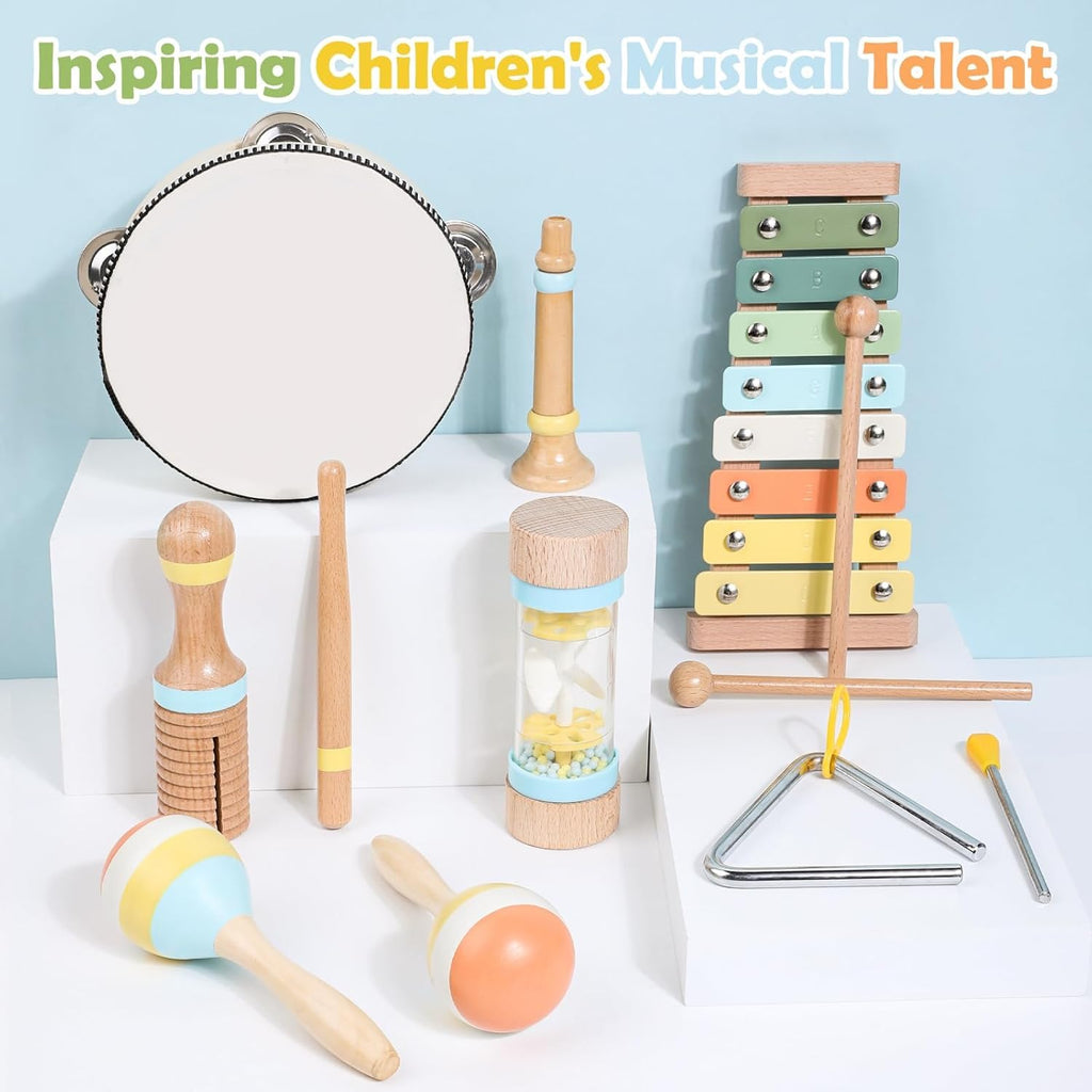 Wooden Musical Instruments Set for Toddlers 1-3, Baby Kids Montessori Toys Neutral Colors Percussion Set Preschool Educational Xylophone Music Toys for 2 3 4 Year Old Baby Girls Boys Birthday Gifts