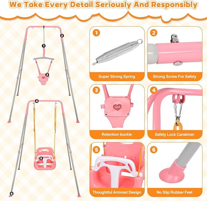 4-in-1 Toddler Swing Set & Baby Jumper and Bouncer for Toddlers, Foldable Baby Swing Stand for Outdoor Indoor Play, Easy to Assemble and Store for Ages 6 Months to 10 Years Old(Pink)