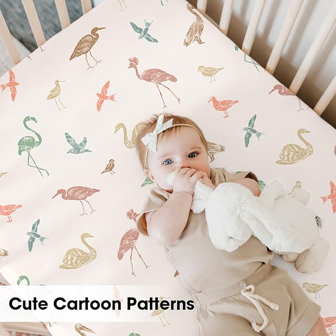 Bimocosy Mini Crib Sheets,Pack and Play Sheets for Baby Girl Boy 4 Pack,Size 38"x 26" for Playard Mattress,Portable Mini Crib,Soft Pack N Play Sheets Fitted,Wetland Birds/Squirrel/Mauve/Fog Blue
