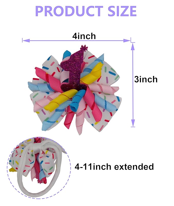 Birthday Hair Bow for Baby Girls 1 2 3 4 5 6 Years Sprinkle Decorations Party Hair Accessories Headband for First 1st Birthday Confetti Ice Cream