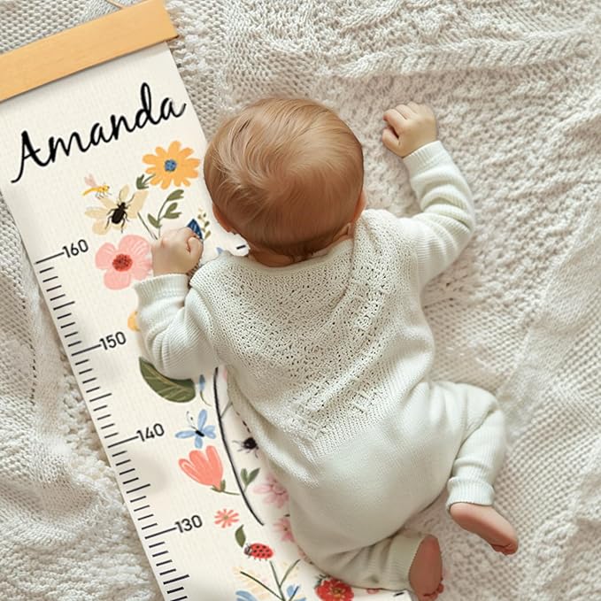 Personalized Name Growth Chart for Kids, Flower Canvas Height Chart Ruler Removable Hanging Wall Ruler Measurement Chart for Home Decoration, Waterproof Measuring Board, Foldable