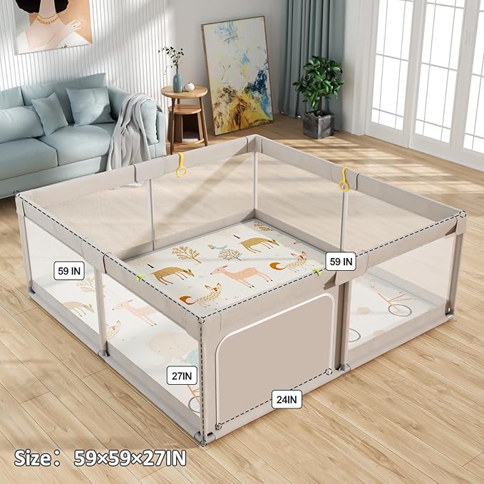 Mloong Baby Playpen with Mat, 59x59 Inches Extra Large Playpen for Babies and Toddlers, Indoor & Outdoor Activity Center, Safety Baby Fence