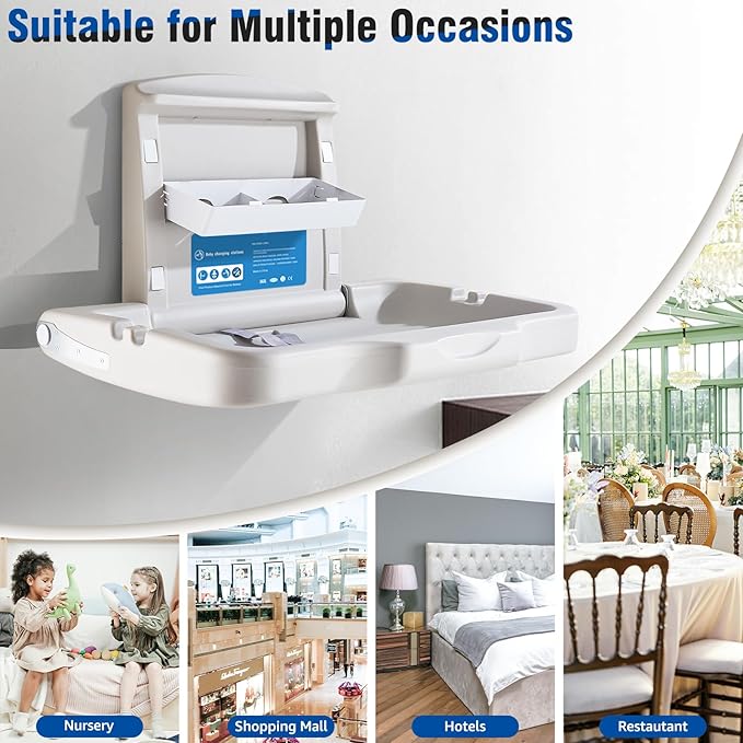 Baby Changing Station Wall Mounted, Fold Down Baby Changing Table, Commercial Diaper Changing Station, Nappy Changing Table with Safety Strop and Door Sign, Space-Saving
