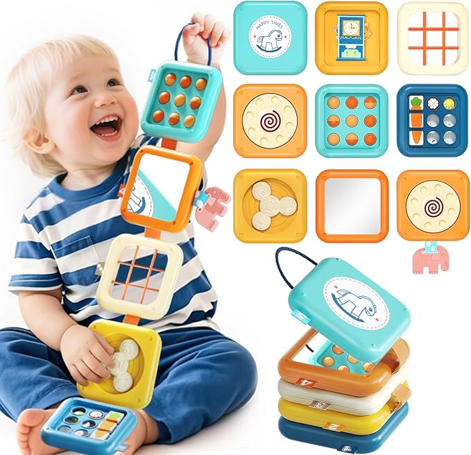 Busy Board for 1 Year Old, Travel Toys for Toddlers 1-3, 8 in 1 Montessori Activity Cube Toy for Babies in Airplane Car Stroller, Sensory Education Birthday Gifts for 1 2 Year Old Boy Girl Infant