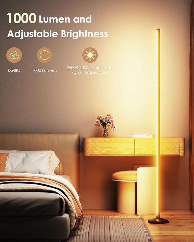 Smart RGB LED Corner Floor Lamp with App and Remote Control, 65" Color Changing Standing Lamp with Music Sync and 16 Million DIY Colors, Modern Floor Lamps for Bedroom Living Room Gaming Rooms