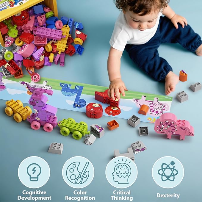 Train Building Block Set Dinosaurs Educational Toy STEM Learning for Toddlers Preschool Ages 3+Girls Boys, Creative Nature Toy Activity Playset with Storage Bucket Birthday Gift Ideas