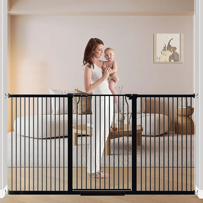 72.2"-76.7" Extra Wide Baby Gate, 40.5" Tall Dog Gate Indoor,Walk Through Pet Gates for Doorways Kitchen No Drilling Auto Close Pressure Mounted Safety Child Toddler Gate, Black