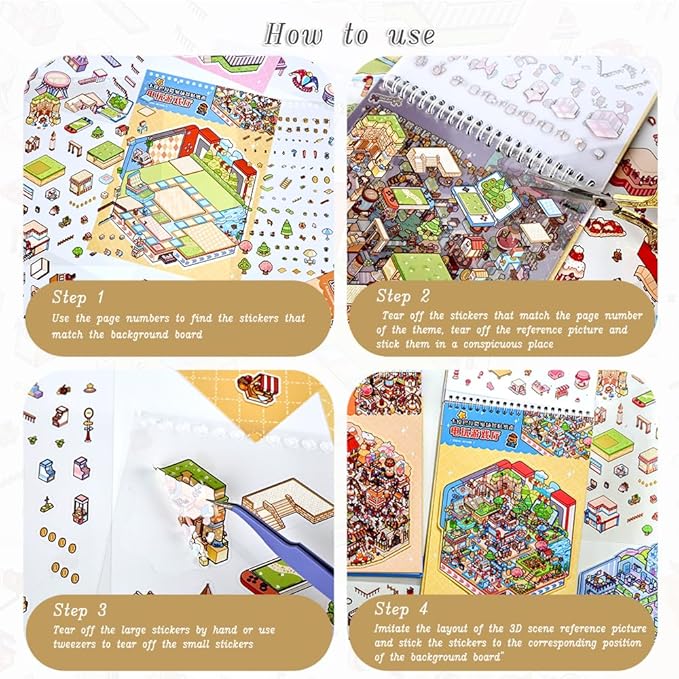 Sticker Therapy 3D Scenes – 6 Sets Large Size DIY 3D Sticker Scene with Tweezer for Adults & Kids Relief Stress Pass The Time, Cute Miniature House & Room Material Collection Book 01