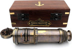 14 Inch Vintage Nautical Brass Telescope with Wood Box – Handheld Spyglass for Marine, Pirate, and Captain Use