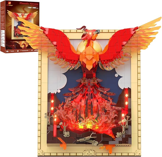 JMBricklayer Phoenix Nirvana Building Block Sets for Adults with LED Lights, Wall Art Crafts Painting Frame Building Set Magic Fire Phoenix Collection Model Bird Toy Gift Room Home Office Decor