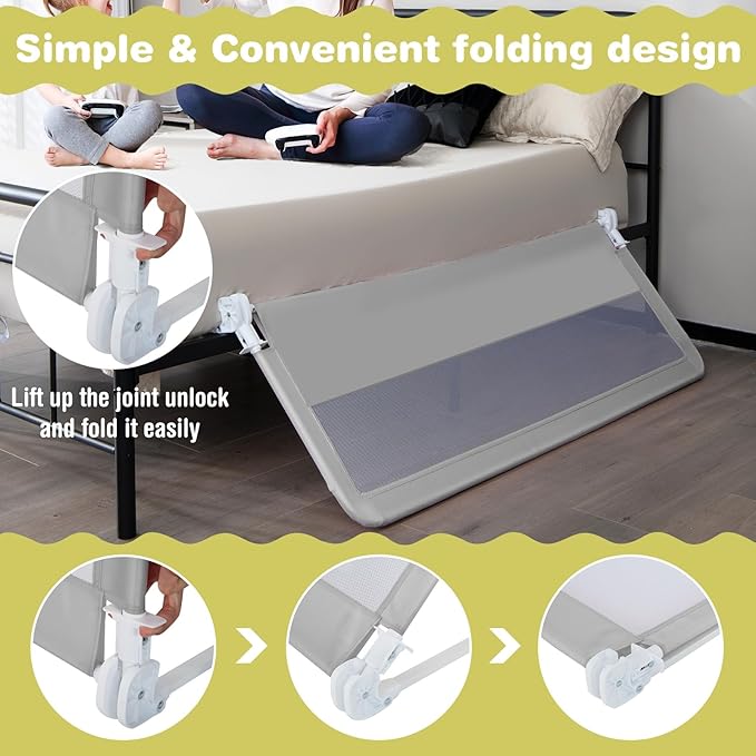 INFANS Bed Rail for Toddlers, 58" Foldable Safety Baby Crib Rail Fit for Kids Twin, Extra Long Swing Down Bed Guardrail for Convertible Crib, Queen, Full, King Mattress Side Guard (Light Gray)