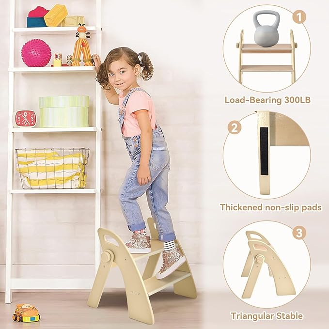 Wooden 2 Step Stool for Kids Bathroom Sink Foldable Anti-Slip 2-Step for Toilet Potty Training, Child Stepping Stool for Kitchen Nursery Bedroom, Sturdy Non Slip Adult Stool for Closet