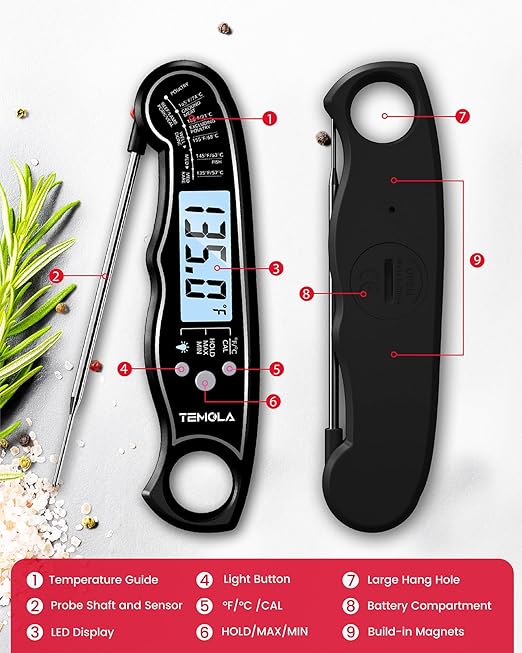 TEMOLA Meat Thermometer, Instant Read Food Thermometer with LCD Backlight Calibration, Waterproof Ultra Fast Digital Cooking Thermometer for Candy Deep Fry Liquids Beef Kitchen Baking Smoker Grill BBQ