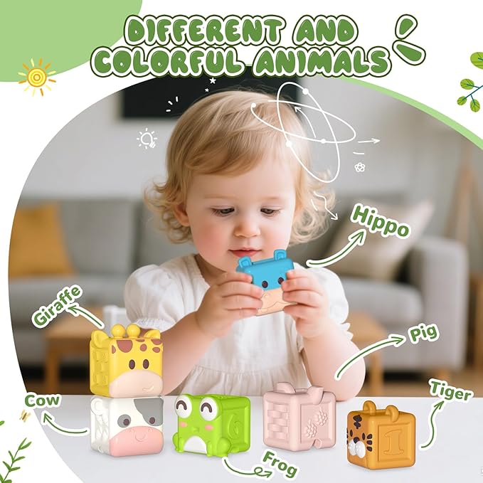 Animal Soft Gel Stacking Block Set Soft Silicone Baby Blocks Toys for 18 Months to 3 Years Old Early Learning Touch Bath Educational Toys with Numbers Animals Fruits Texture