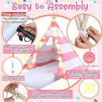 2 Pack Kids Teepee Tent with Mattress,Fitted Sheet,Light String,Washable Natural Cotton Toddler Play Tent for Girls Boys Indoor Outdoor Sleepover Slumber Birthday Party(Pink and White)