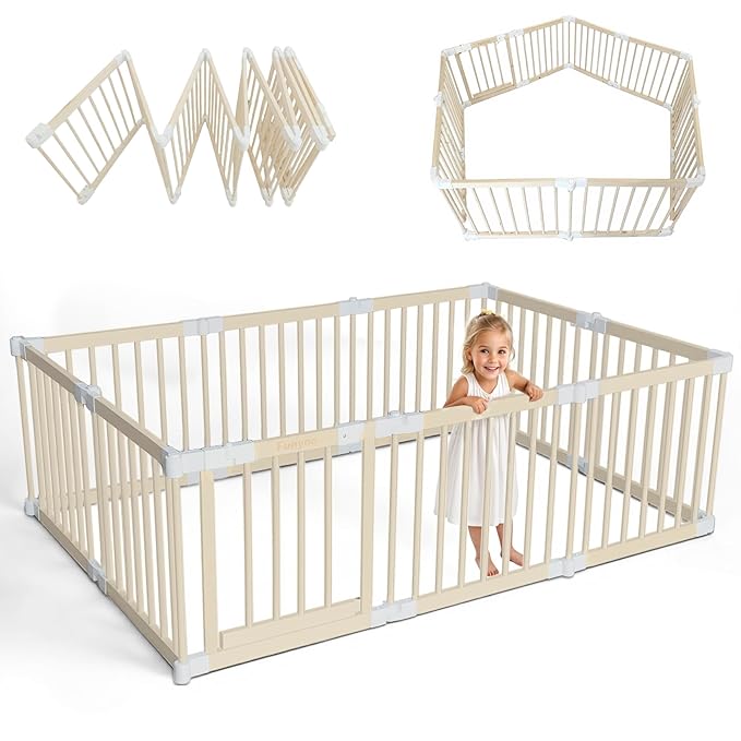 Foldable Wooden Playpen for Babies and Toddlers, Baby Play Pen with Gate, Portable Baby Fence Indoor Activity Center, Adjustable Size & Shape, 10 Panels