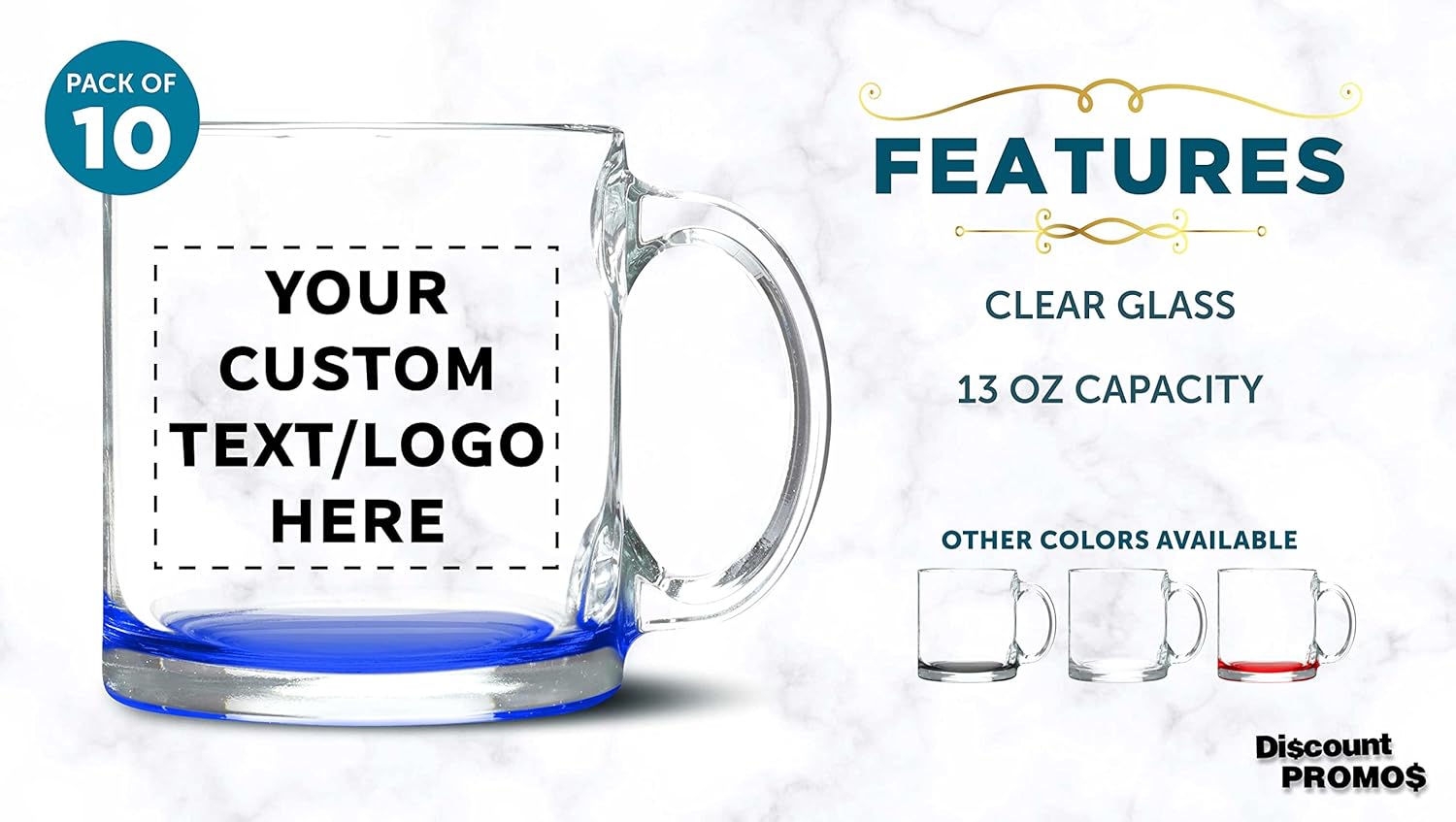 Custom Libbey Clear Glass Coffee Mugs 13 oz. Set of 10, Personalized Bulk Pack - Perfect for Coffee, Tea, Espresso, Hot Cocoa, Other Beverages - Blue Bottom