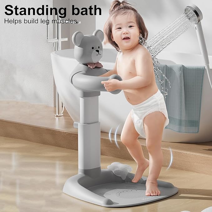 Adjustable Baby Shower Stand with Anti-Slip Base, Huggable Bear Bath Support, Portable Baby Shower Stand, Bath Shower Standing Support Baby Bath Stand for Infants Babys Grey Bear