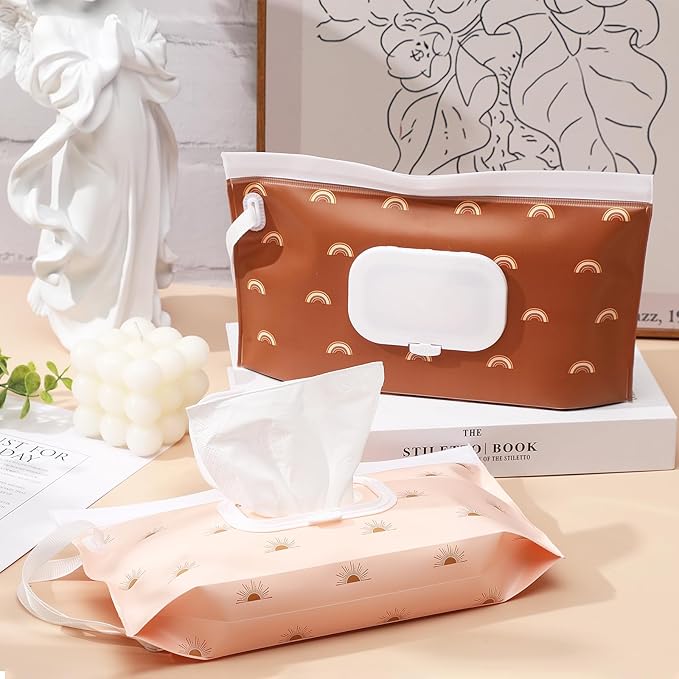 FEBSNOW 2 Pack Baby Wipes Dispenser, Portable Refillable Wipe Holder Baby Wipes Container Travel Wipes Case Reusable Boho Wet Wipes Pouch