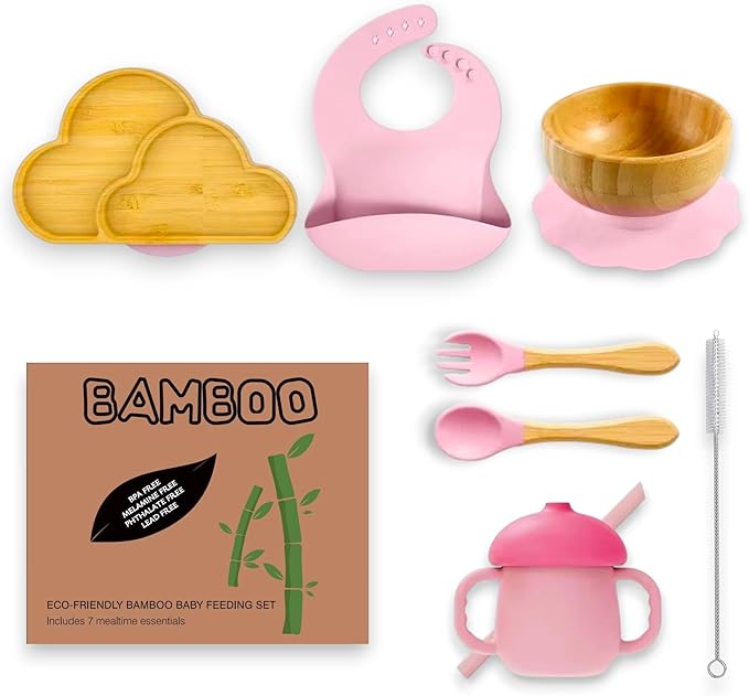 Bamboo Suction Plate and Bowl Set for Babies 7 Feeding Essentials Baby Led Weaning Supplies BPA Free Eco-Friendly (Pink)