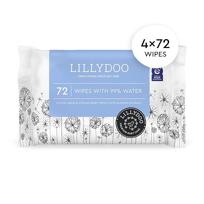 Hypoallergenic & strong Baby Wipes with 99% Water, Unscented & Plastic-Free, 4 resealable Packs (288 Wipes Total)