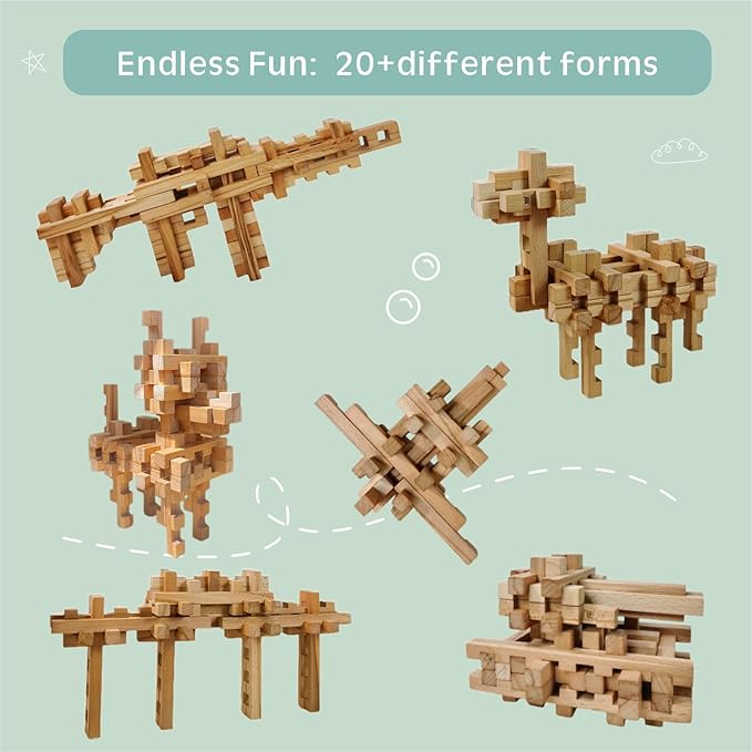 STEM Wooden Building Blocks -Mortise and Tenon Assembled into 15+ Shapes, Educational Toys Gift for Kids and Classroom,DIY Building Toys for Ages 5+ and Adults (20 in 1 Premium Version)