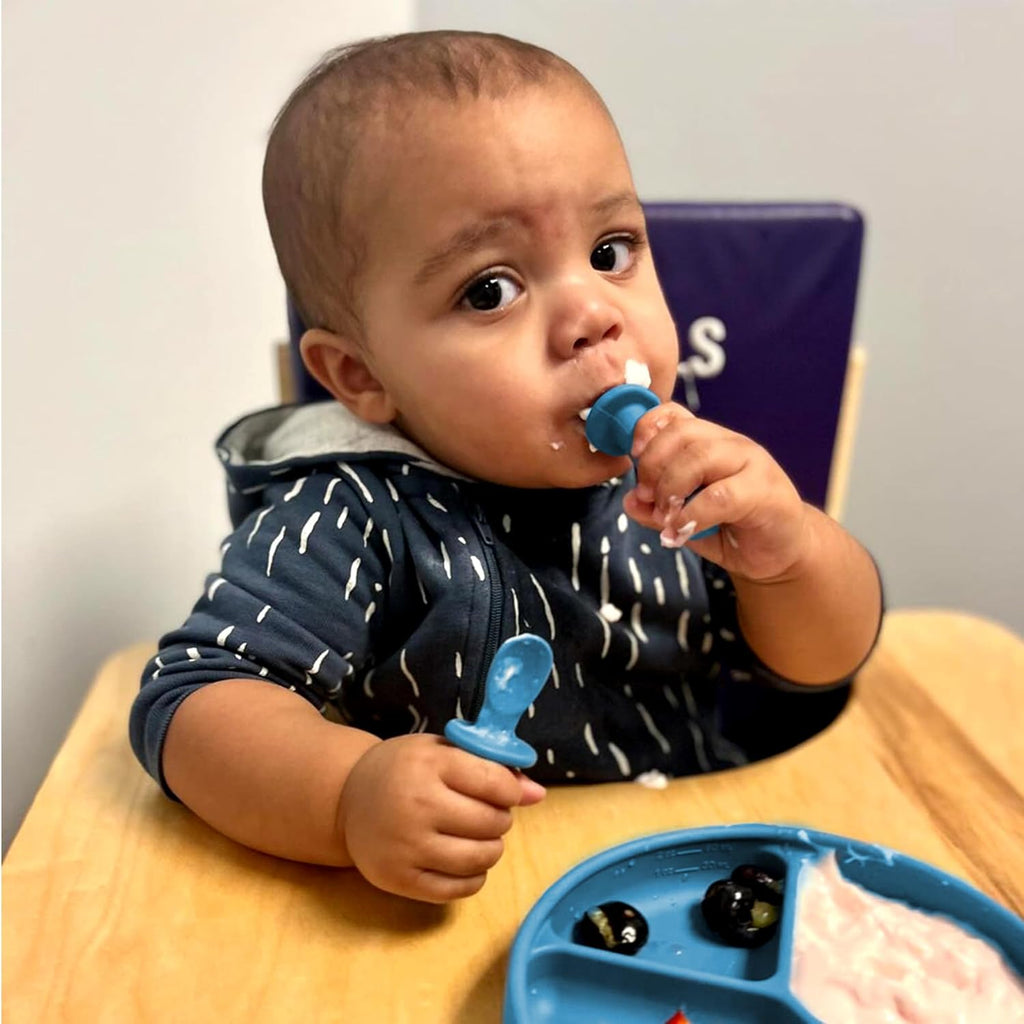 TalkTools ITSY Tiny Silicone Spoons – Twin Pack Soft Silicone Self-Feeding Training Spoons for Kids & Toddlers, Anti-Choking Flange Guard and Non-Slip Handle (Ocean)