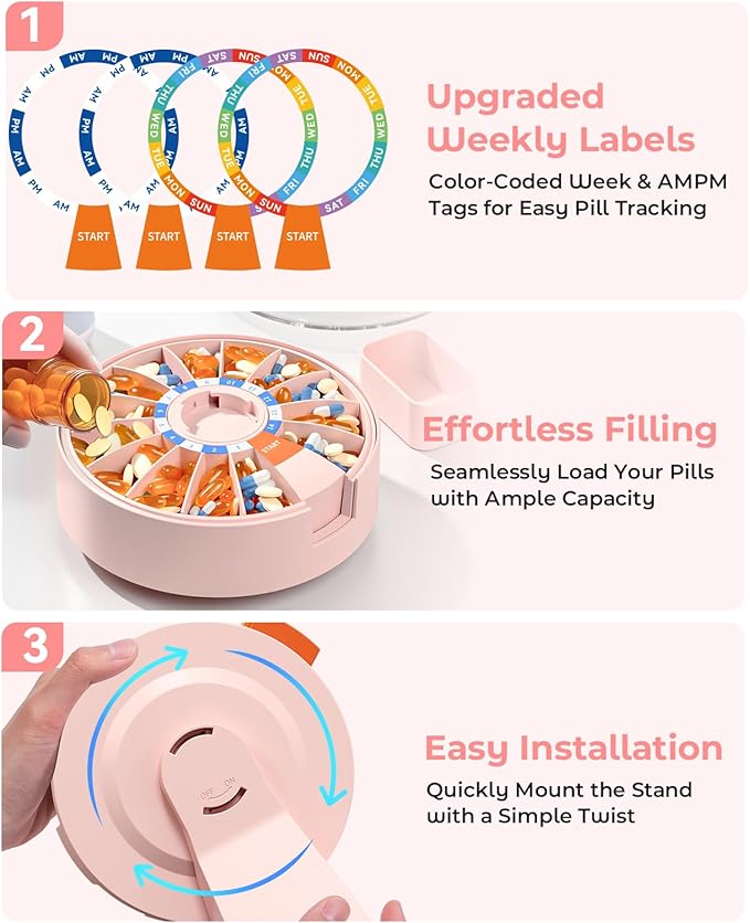 Daviky Pill Dispenser Daily, Large Pill Organizer with Wall-Mounted or Standing Use, 14 Days Pill Container, Push Button Design, Weekly Pill Box for Vitamin, Medicine,Supplement, Fish Oil(Pink)