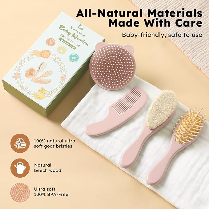 Yoofoss 4 Piece Baby Hair Brush and Comb Set，Wooden Baby Hair Brush with Natural Ultra Soft Goat Hair, Baby Comb Set for Boy, Girl - Pink