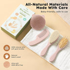 Yoofoss 4 Piece Baby Hair Brush and Comb Set，Wooden Baby Hair Brush with Natural Ultra Soft Goat Hair, Baby Comb Set for Boy, Girl - Pink