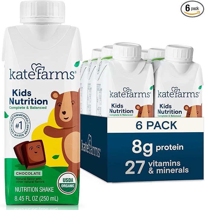 KATE FARMS Organic Kids Nutrition Chocolate Shake, 8g Protein, 27 Vitamins and Minerals, Meal Replacement, Gluten Free, Non-GMO, 8.45 oz (6 Pack)