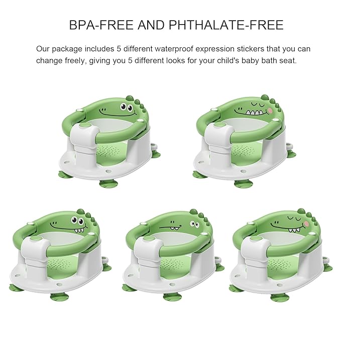 TPN Baby Bath Seat for Babies 6 Months & Up, Non-Slip Toddler Bath Seat with 5 PCS Waterproof Emoji Stickers, Portable Infant Bath Seat for Baby(Green)