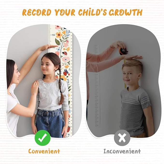 Personalized Name Growth Chart Wall Decor for Kids – Canvas Removable Height Chart Measuring Ruler 59" x 7.9" (Flowers)