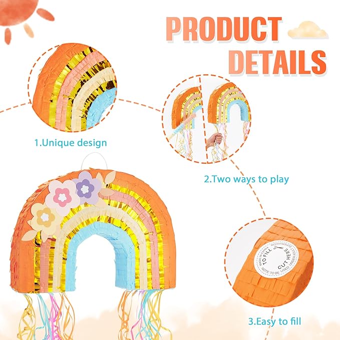 WERNNSAI Rainbow Pinata - Rainbow Pull String Pinata with Bundle with Blindfold and Bat for Girls Kids Piñata Boho Theme Birthday Party Decoration Game for Baby Shower Carnival Summer Party Supplies