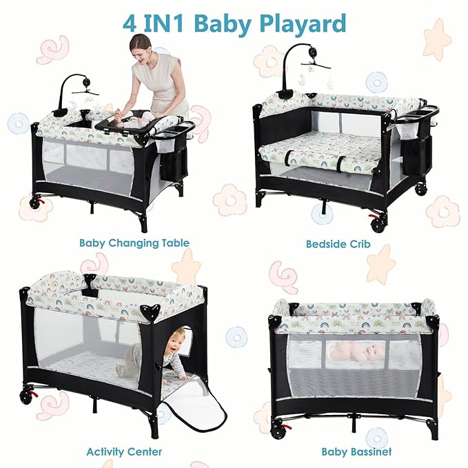 Kinder King 4 in 1 Portable Baby Playard, Foldable Baby Bedside Crib w/Bassinet, Infant Pack and Play Playard Toddler Large Playpen, Newborn Changing Table, Storage Basket,Multicolour
