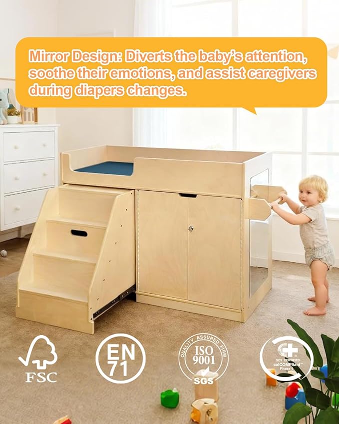 Wooden Baby Changing Table with Mirror, 100% Birch Plywood Toddler Diaper Changing Station with Stairs & Storage, Montessori Furniture for Daycare, Nursery, Home, School