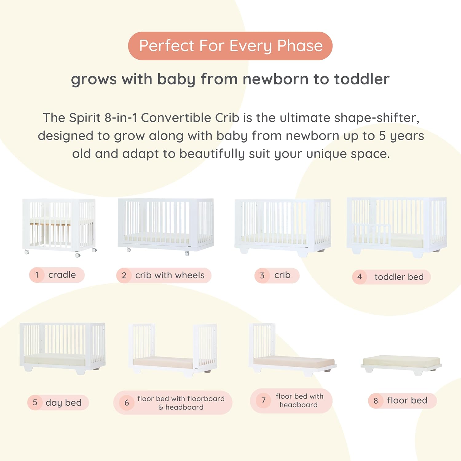 dadada Spirit 8 in 1 Convertible Crib to Toddler Bed & Floor Bed, Made in Italy, Greenguard Gold Certified, Adjustable Mattress Heights (White)