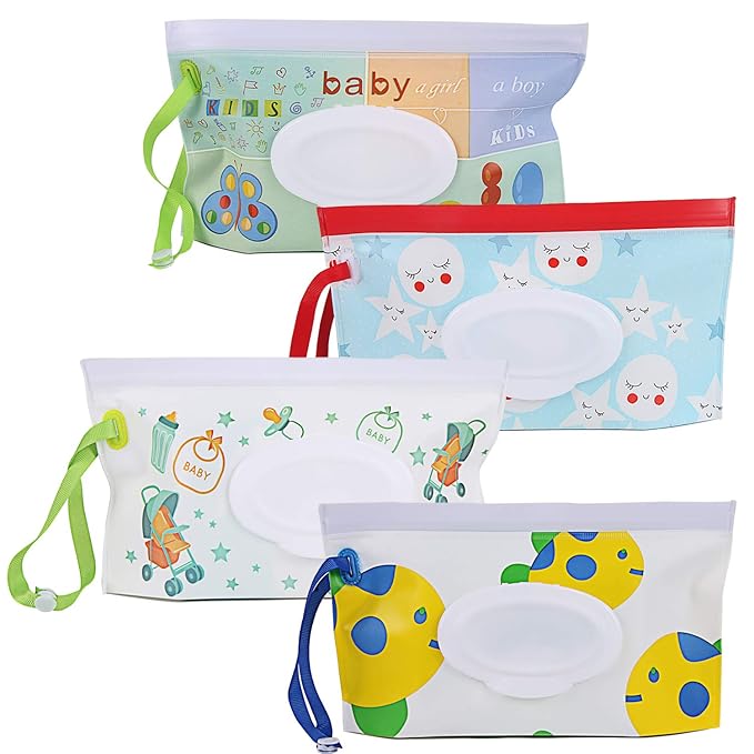 FEBSNOW 4 Pack Baby Wipes Container, Reusable Portable Wet Wipe Pouch, Wipe Dispenser Container, Baby Travel Wet Wipe Holder