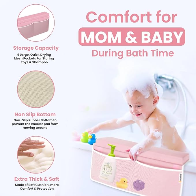 Baby Bath Kneeler and Elbow Rest Pad Set, Non-Slip Painless Thick Kneeling Pad - Foam Kneeling Pad for Bathing Babies - Knee Saver & Arm Support with 4 Pockets Toy Organizer (Large, Baby Pink)