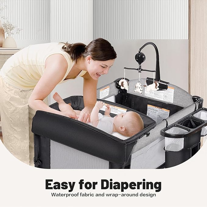 4 in 1 Height Adjustable Baby Playard, Foldable Nursery Center with Music Box Toy Rack, Side Storage, Changing Table, Large Portable Playpen for Newborns and Toddlers（Gray）
